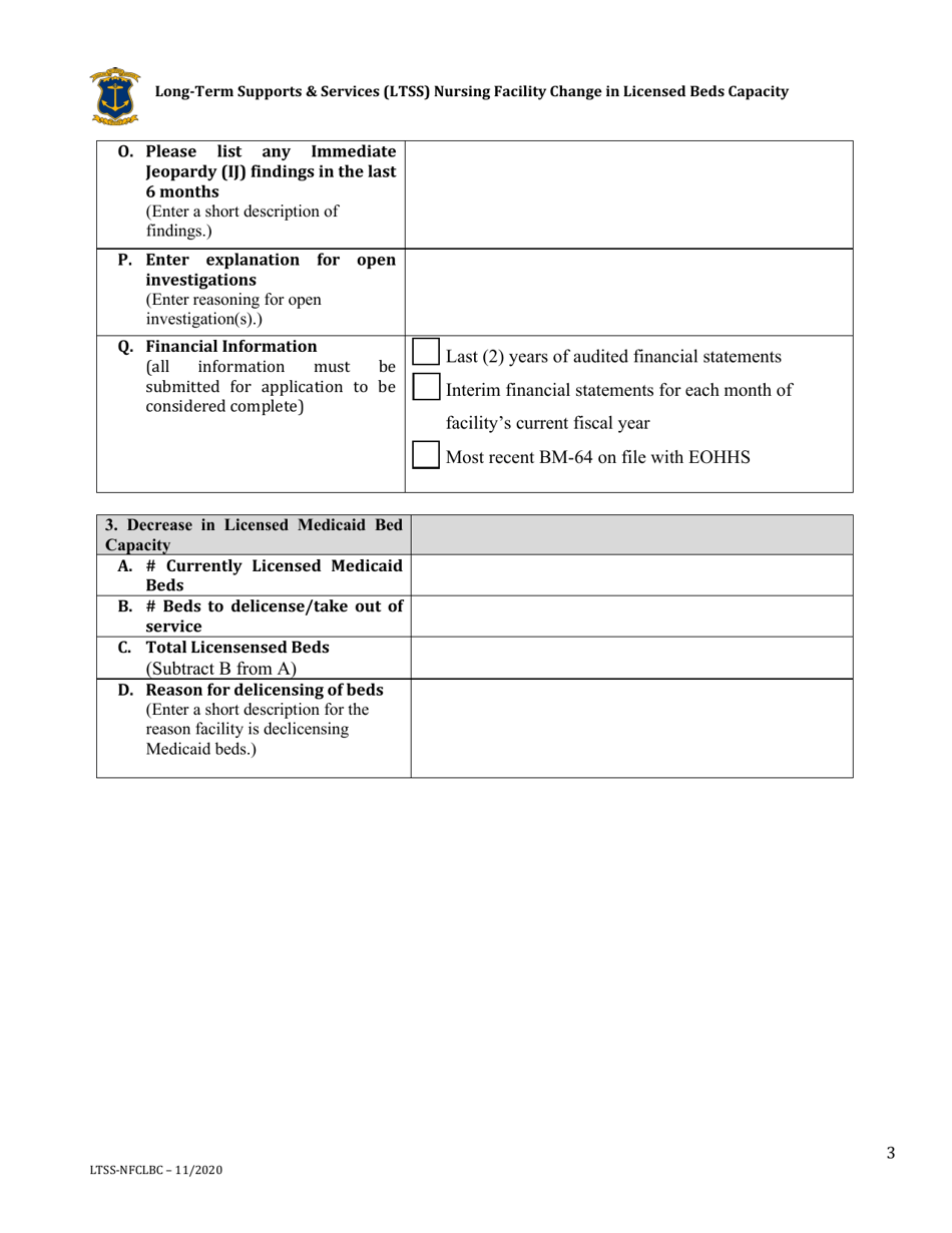 Nursing Facility Change in Licensed Beds Capacity Request Form - Rhode Island, Page 3