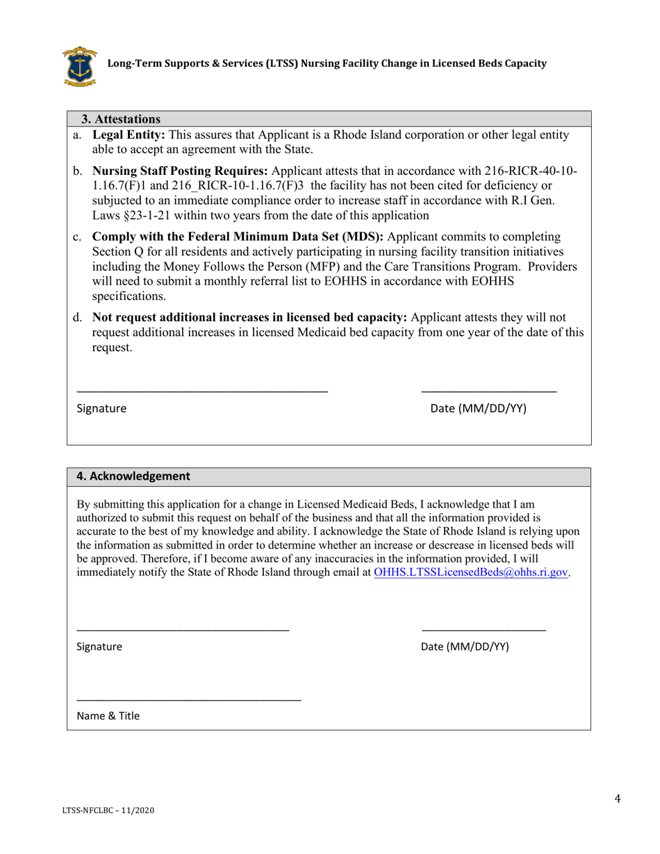 Nursing Facility Change in Licensed Beds Capacity Request Form - Rhode Island, Page 4