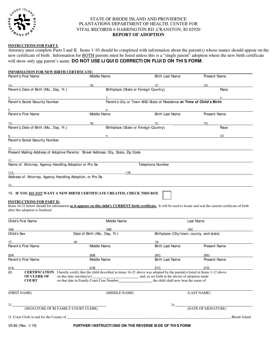 Form VS86 Report of Adoption - Rhode Island, Page 1