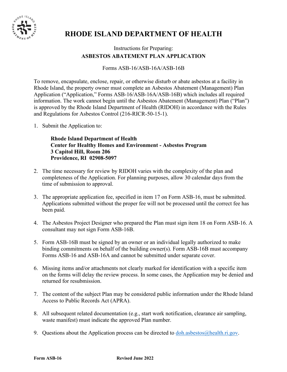 Form ASB-16 Abatement Plan Application - Rhode Island, Page 1
