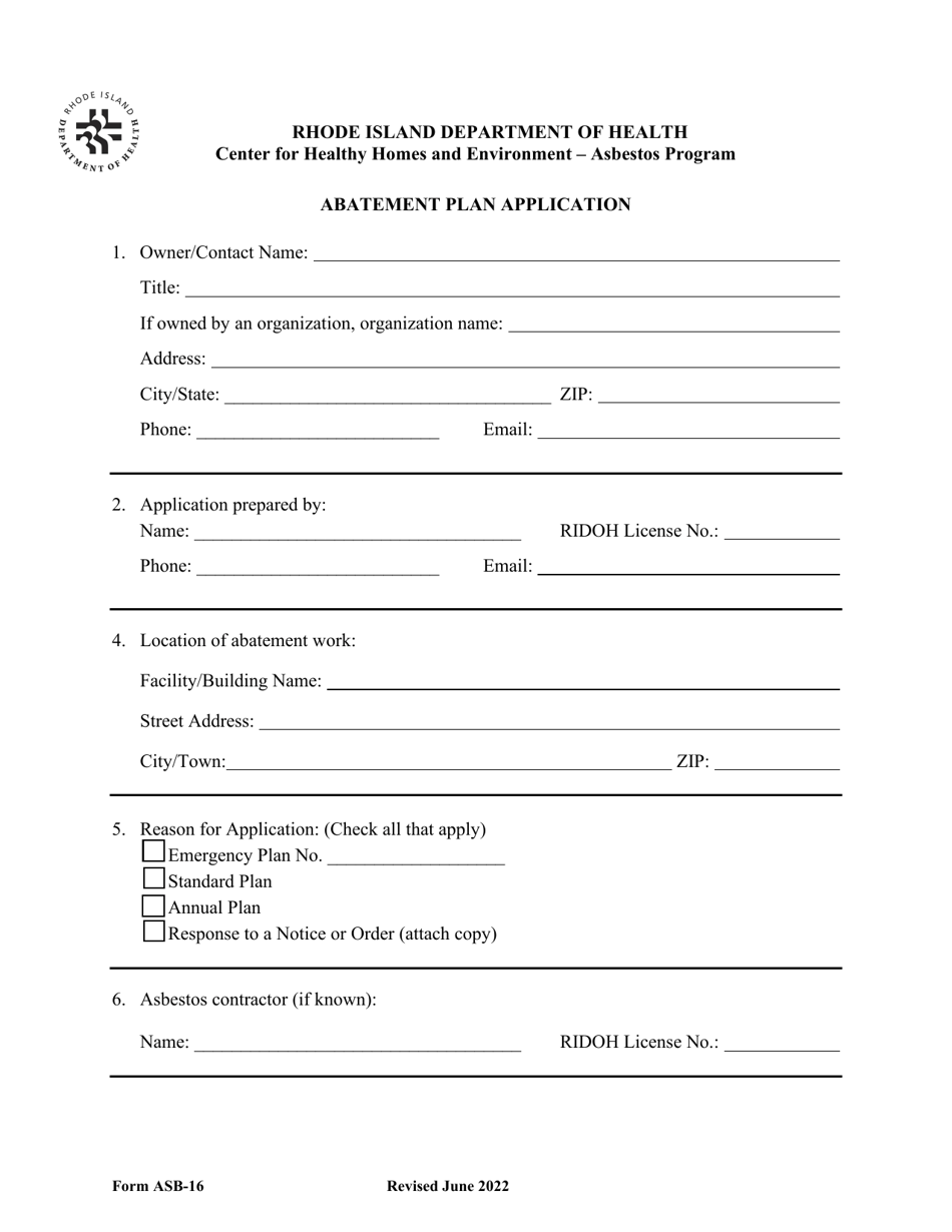 Form ASB-16 Download Fillable PDF or Fill Online Abatement Plan ...