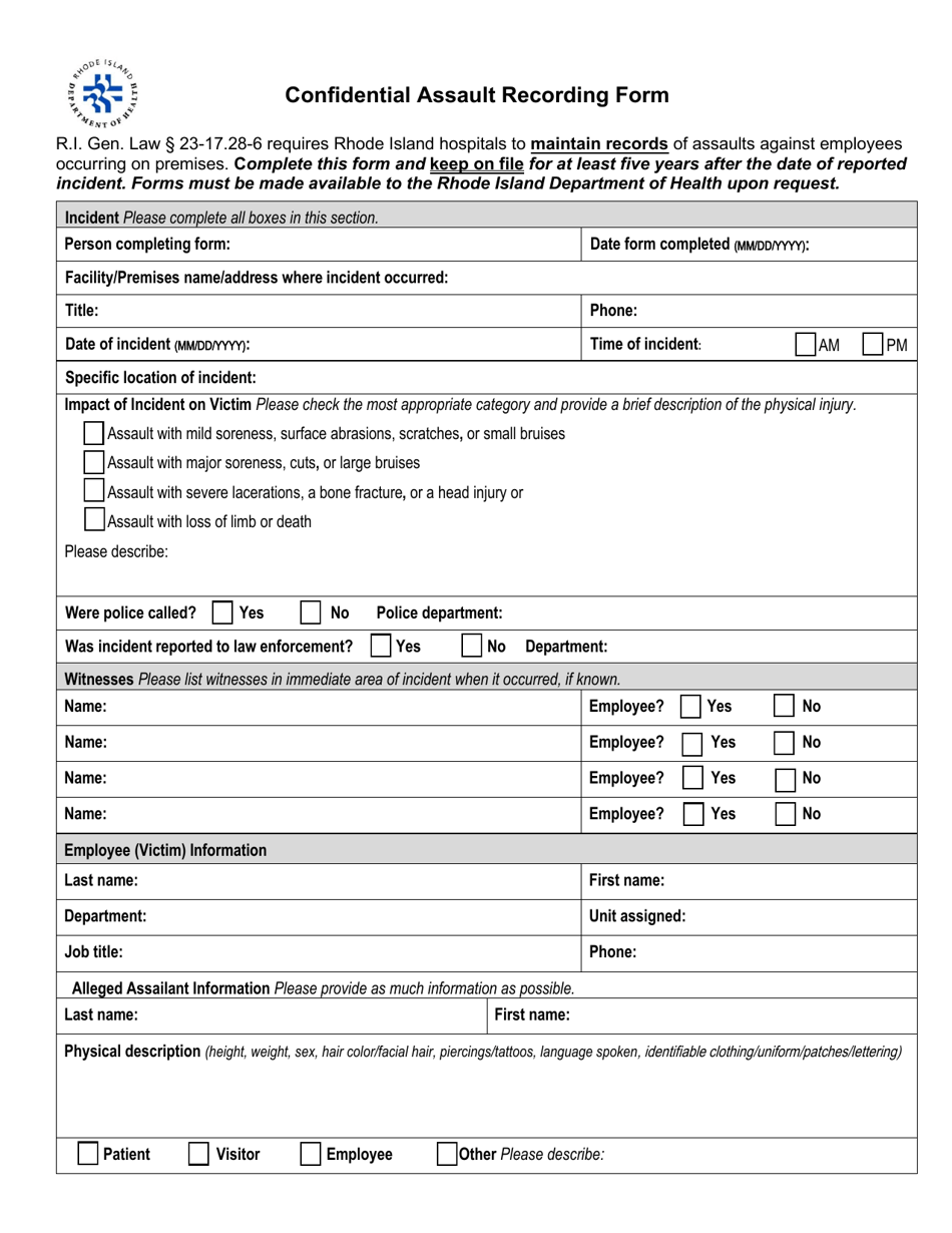 Confidential Assault Recording Form - Rhode Island, Page 1