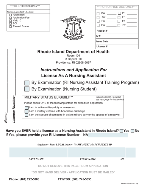 Application for License as a Nursing Assistant by Examination - Rhode Island