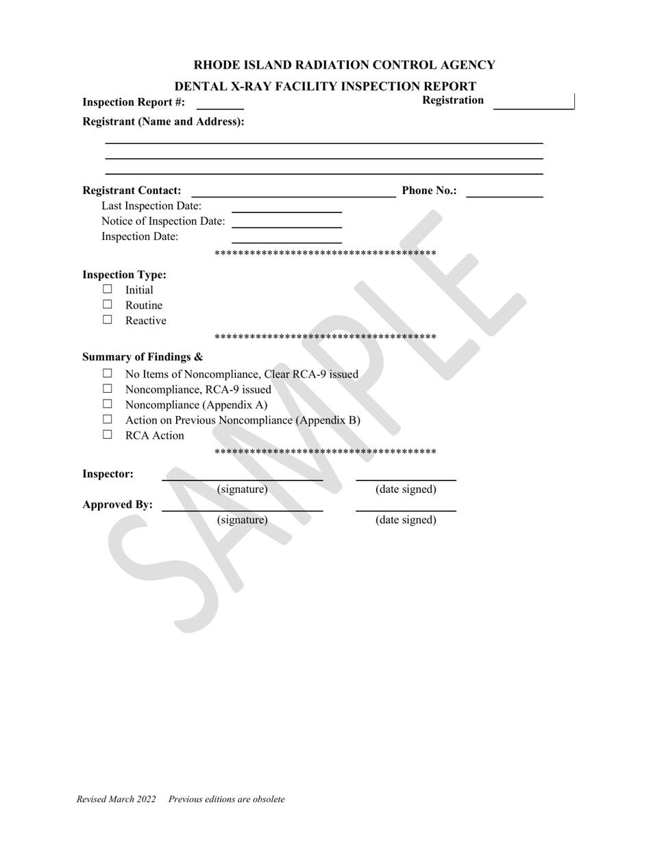Dental X-Ray Facility Inspection Report - Sample - Rhode Island, Page 1
