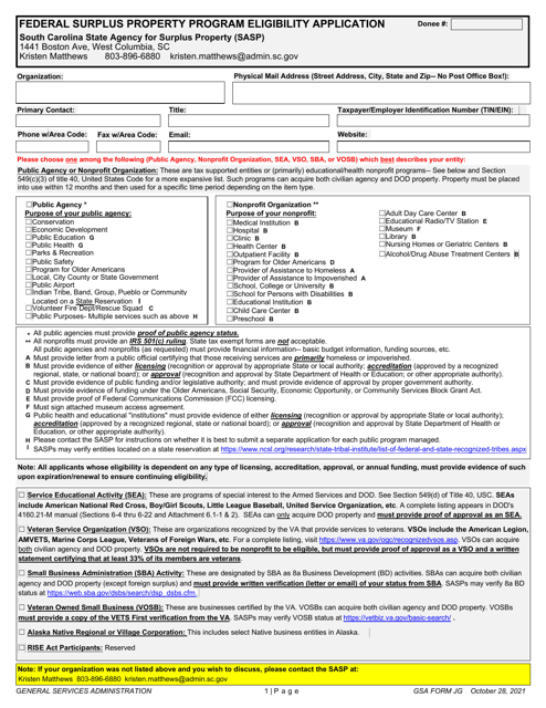 GSA Form JG Eligibility Application - Federal Surplus Property Program - South Carolina