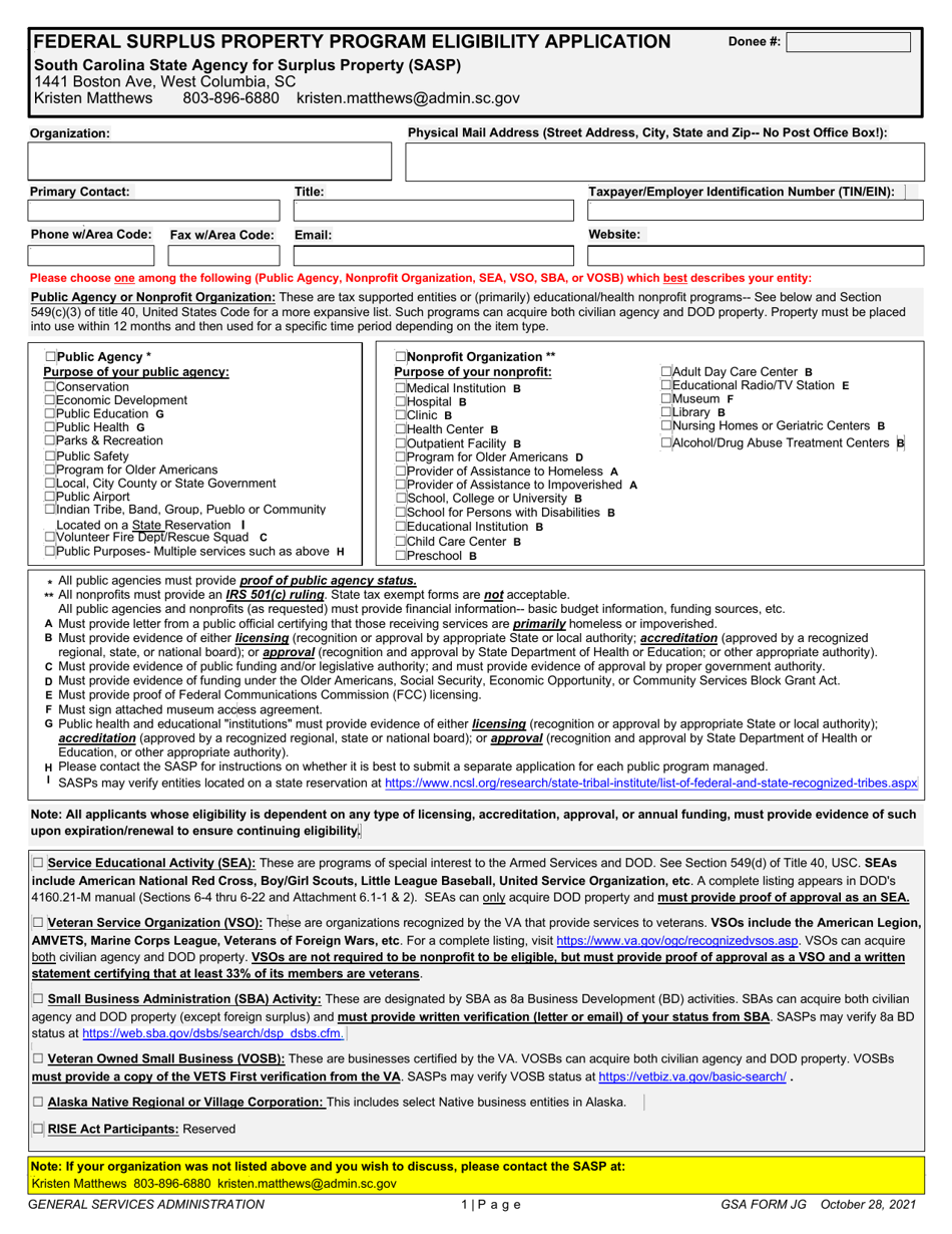 GSA Form JG Eligibility Application - Federal Surplus Property Program - South Carolina, Page 1