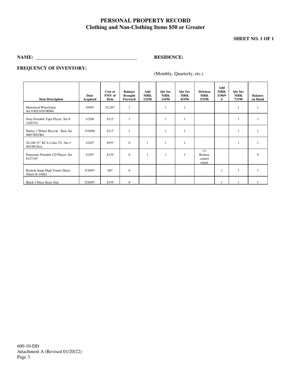 Attachment A Personal Property Record - South Carolina, Page 3