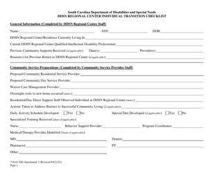 Ddsn Regional Center Individual Transition Checklist - South Carolina