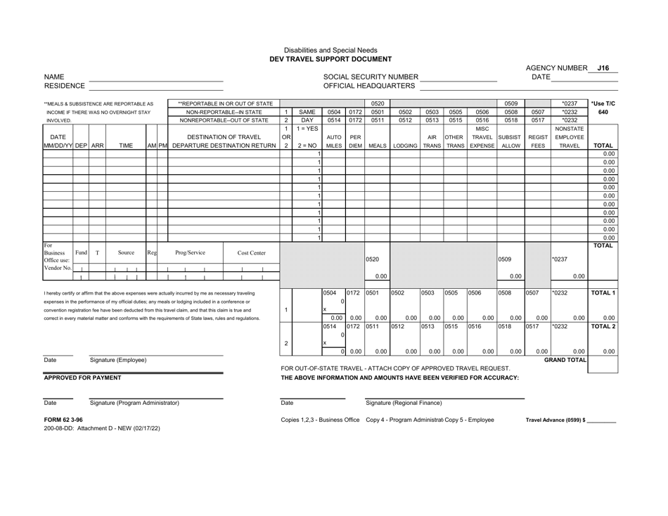 Form 62 3-96 Attachment D Travel Support Document - South Carolina, Page 1