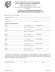 Form DOC127 Burglar Alarm Business Remove - Registered Employee - South Carolina