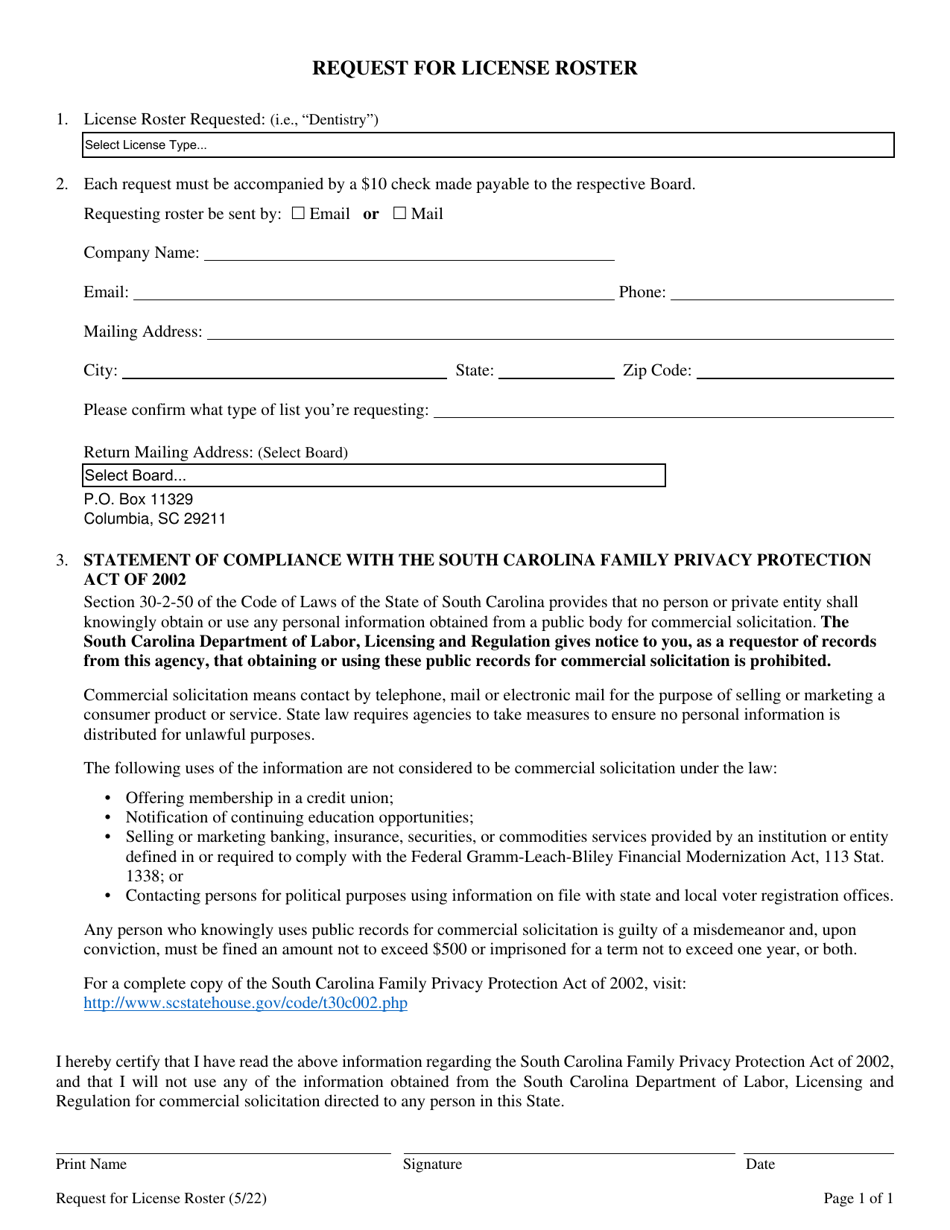 Request for License Roster - South Carolina, Page 1