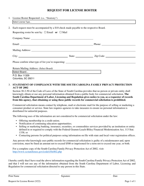 Request for License Roster - South Carolina Download Pdf