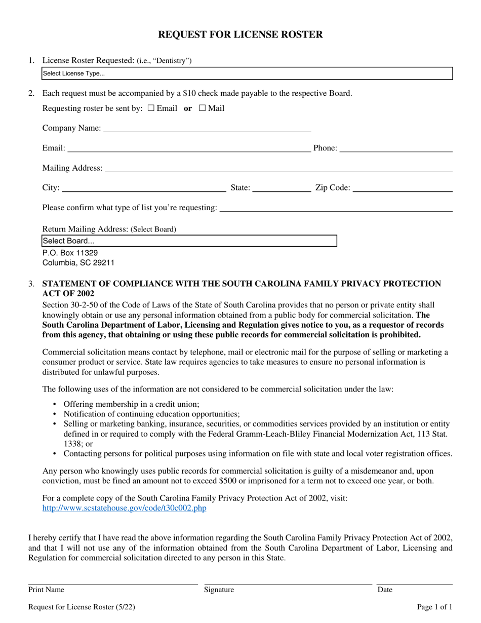South Carolina Request for License Roster - Fill Out, Sign Online and ...