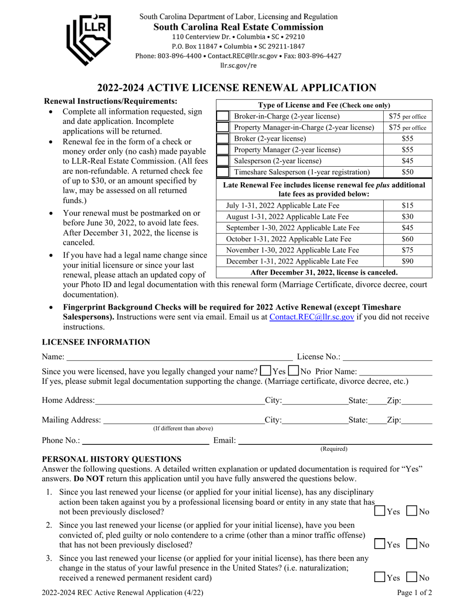 Rec Active License Renewal Application - South Carolina, Page 1