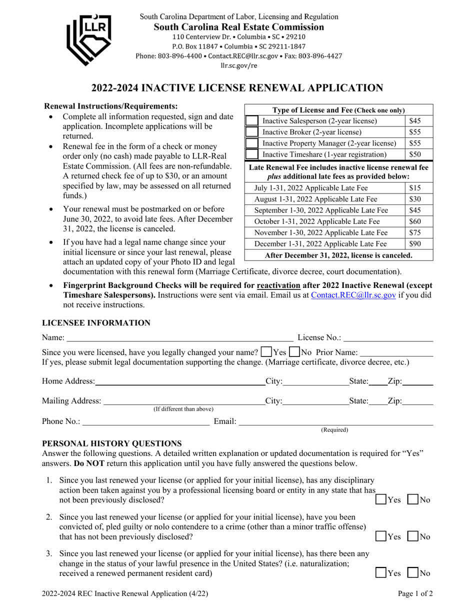 2024 South Carolina Rec Inactive License Renewal Application Fill Out