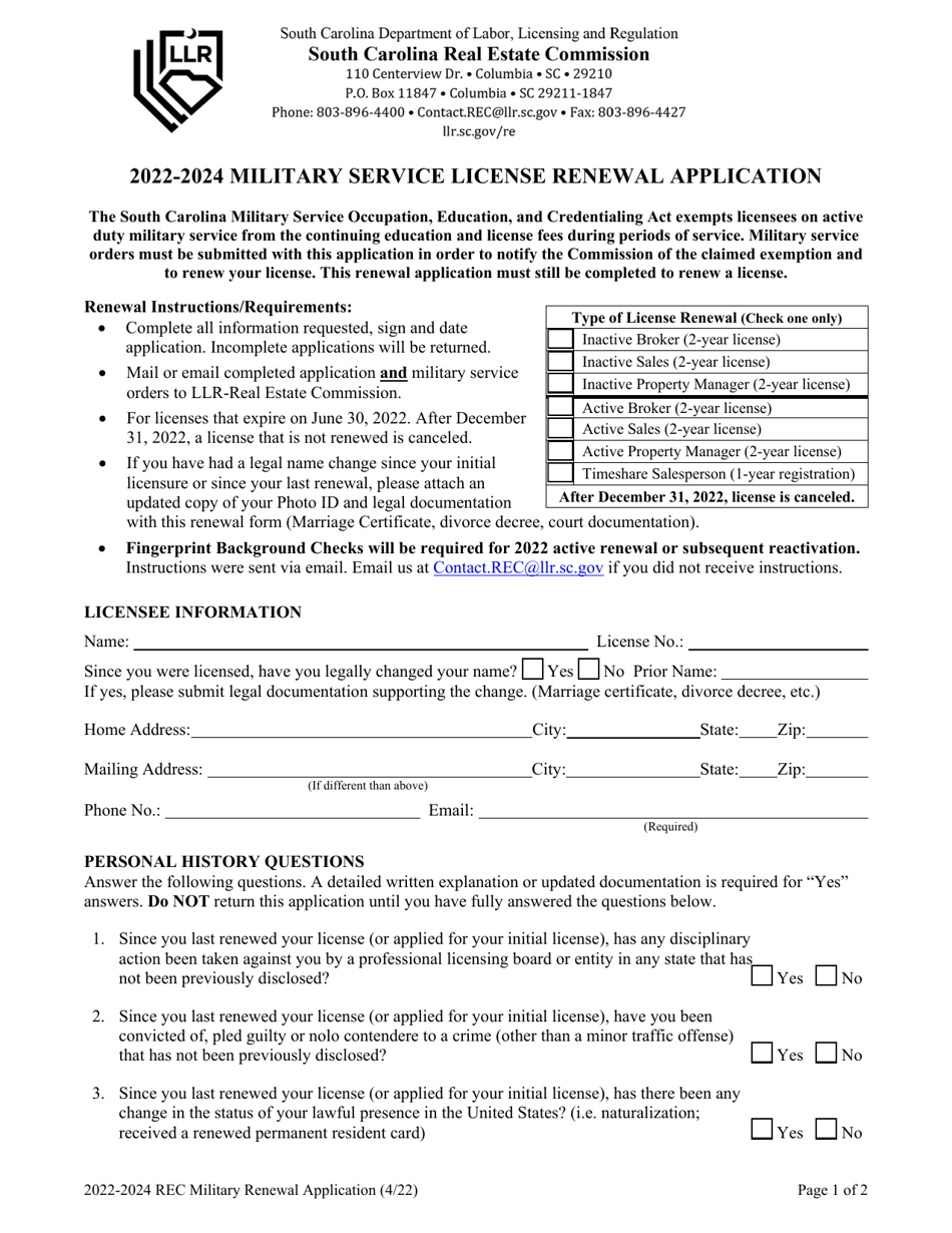Rec Military Service License Renewal Application - South Carolina, Page 1