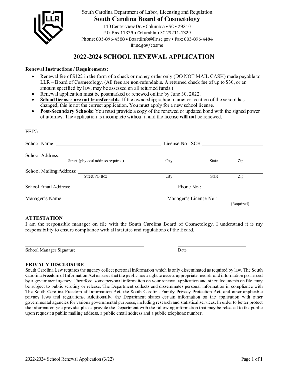 School Renewal Application - South Carolina, Page 1