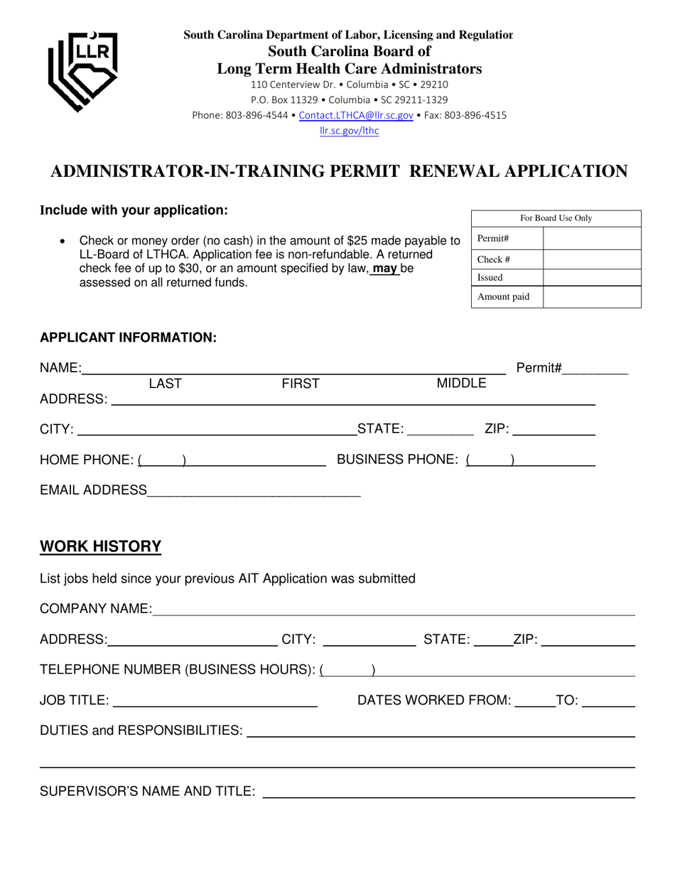 South Carolina AdministratorIntraining Permit Renewal Application