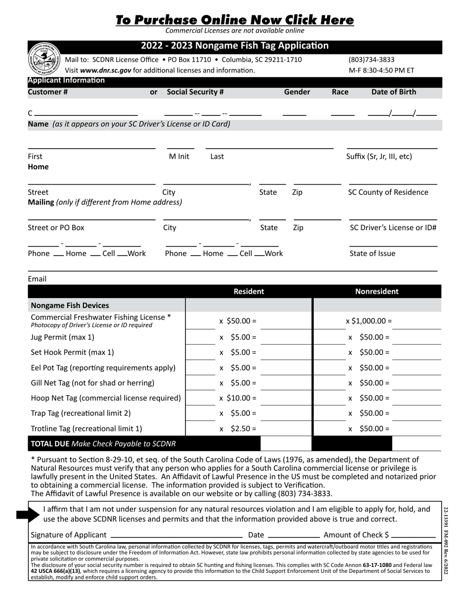 Form FM-092 Nongame Fish Tag Application - South Carolina, Page 1