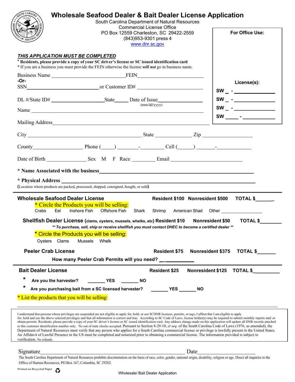 South Carolina Wholesale Seafood Dealer & Bait Dealer License