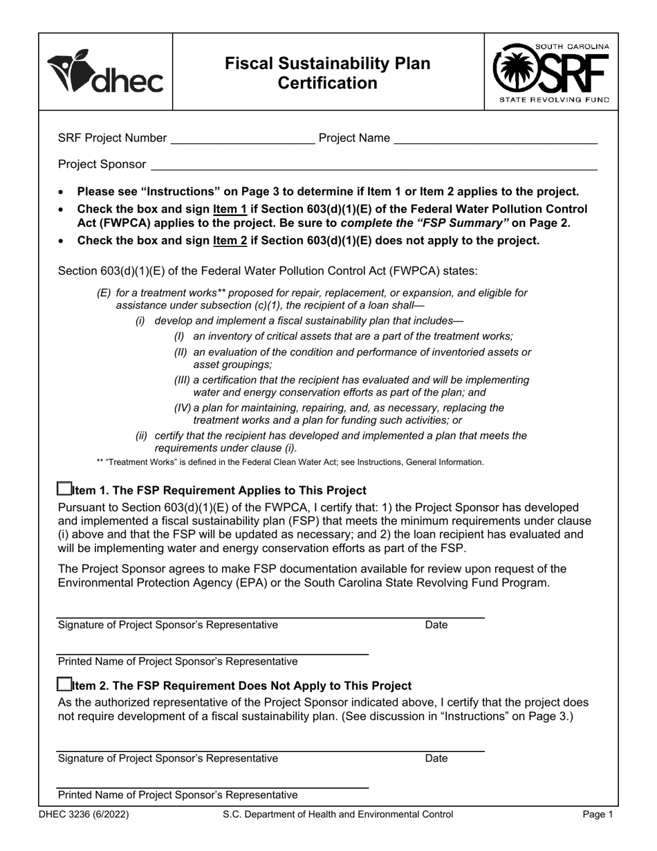 DHEC Form 3236 Fiscal Sustainability Plan Certification - South Carolina, Page 1