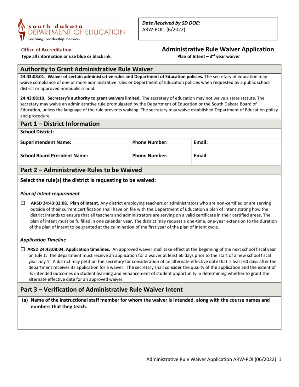 Form ARW-POI1 Administrative Rule Waiver Application - Plan of Intent - 3rd Year Waiver - South Dakota, Page 1