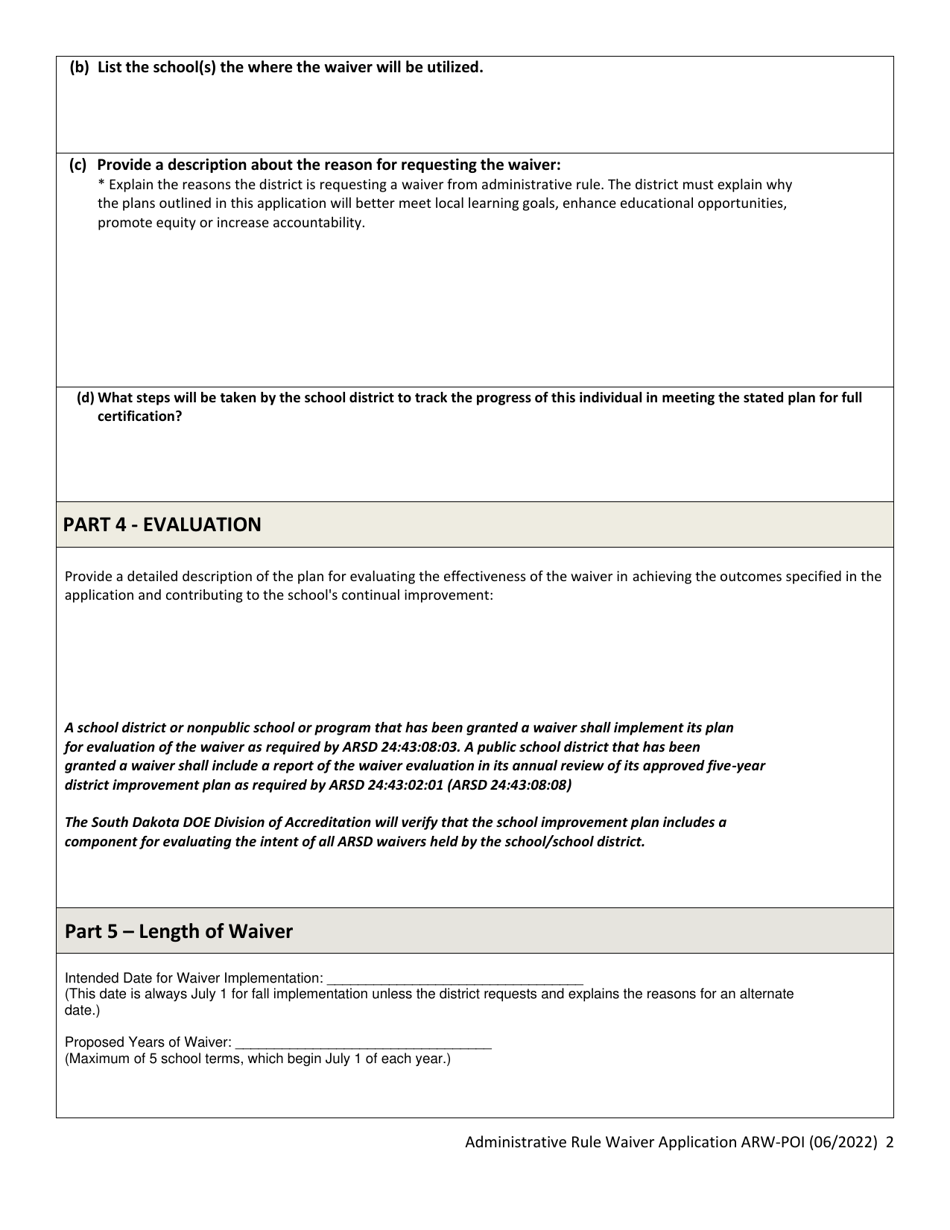 Form ARW-POI1 Administrative Rule Waiver Application - Plan of Intent - 3rd Year Waiver - South Dakota, Page 2