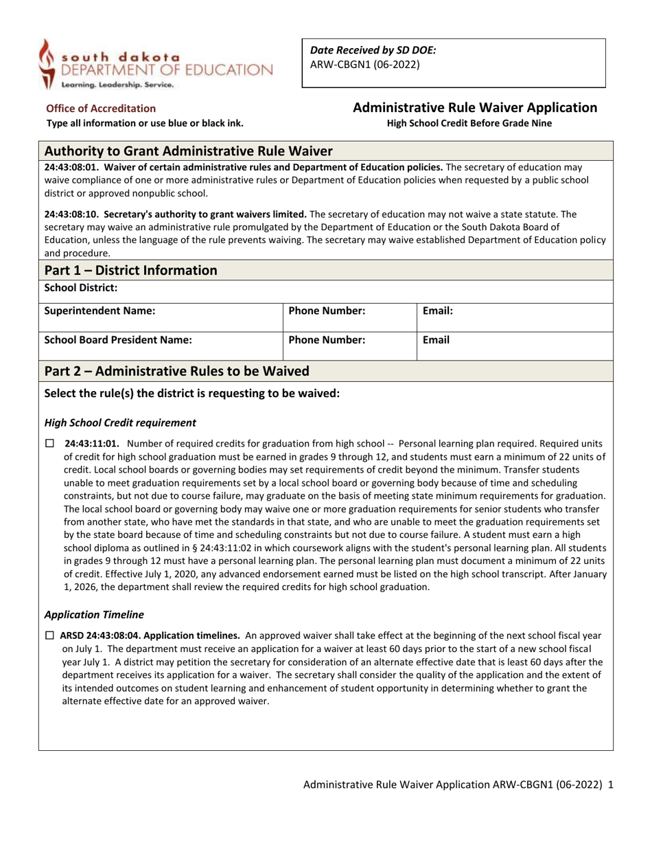 Form ARW-CBGN1 Administrative Rule Waiver Application - High School Credit Before Grade Nine - South Dakota, Page 1