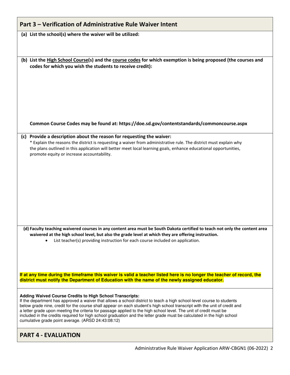 Form ARW-CBGN1 Administrative Rule Waiver Application - High School Credit Before Grade Nine - South Dakota, Page 2