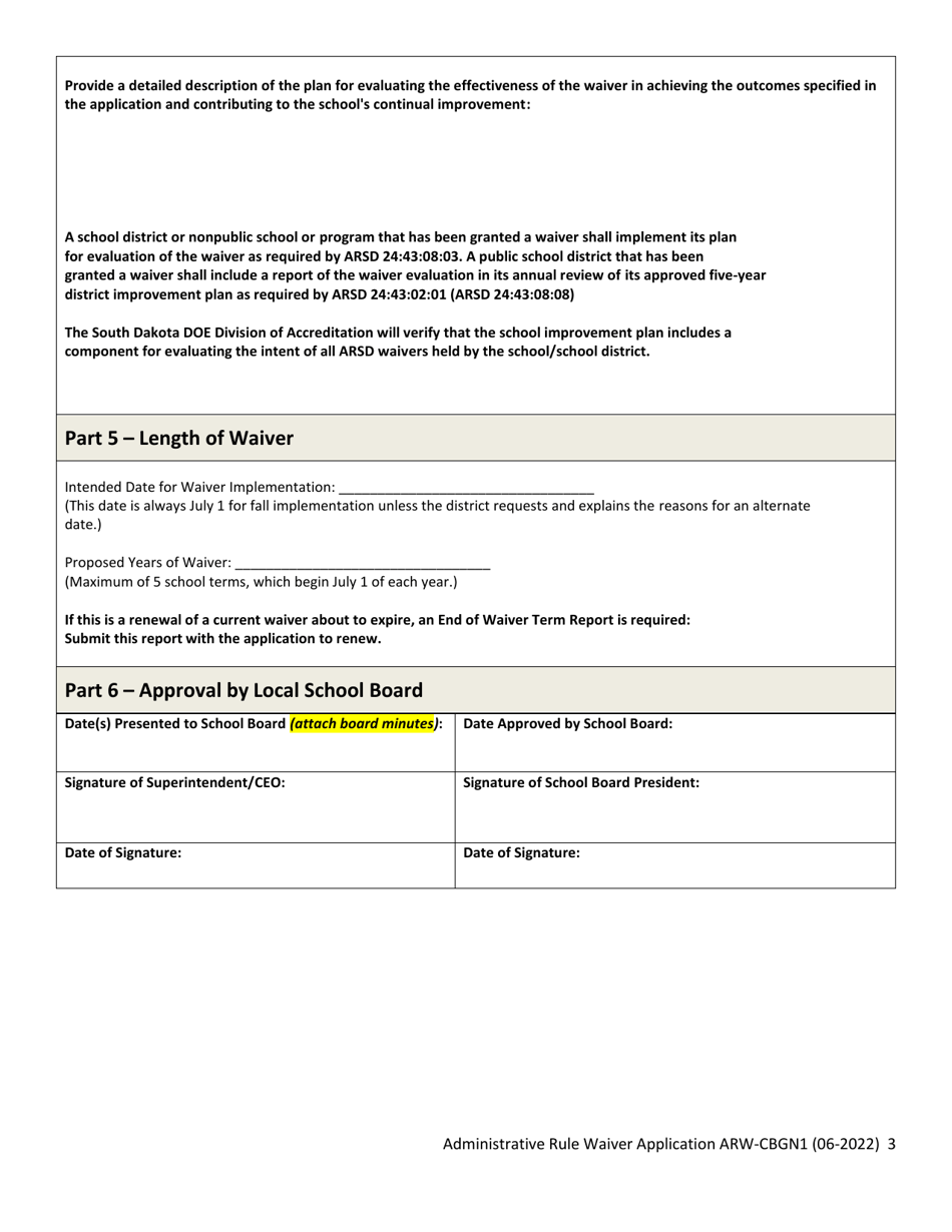 Form ARW-CBGN1 Administrative Rule Waiver Application - High School Credit Before Grade Nine - South Dakota, Page 3