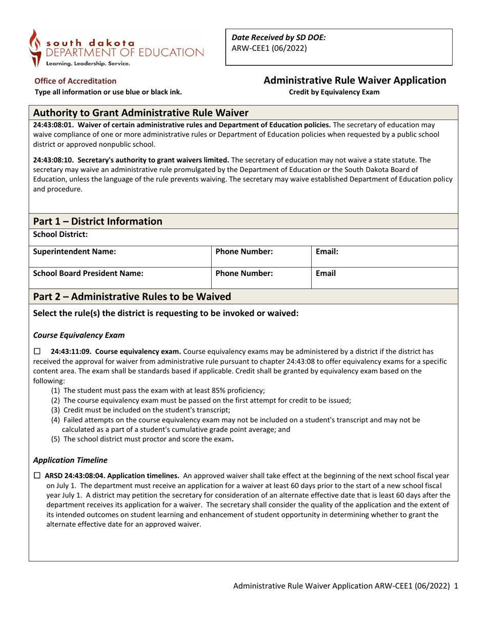 Form ARW-CEE1 Administrative Rule Waiver Application - Credit by Equivalency Exam - South Dakota, Page 1