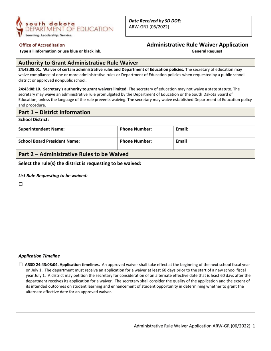 Form ARW-GR1 Administrative Rule Waiver Application - General Request - South Dakota, Page 1