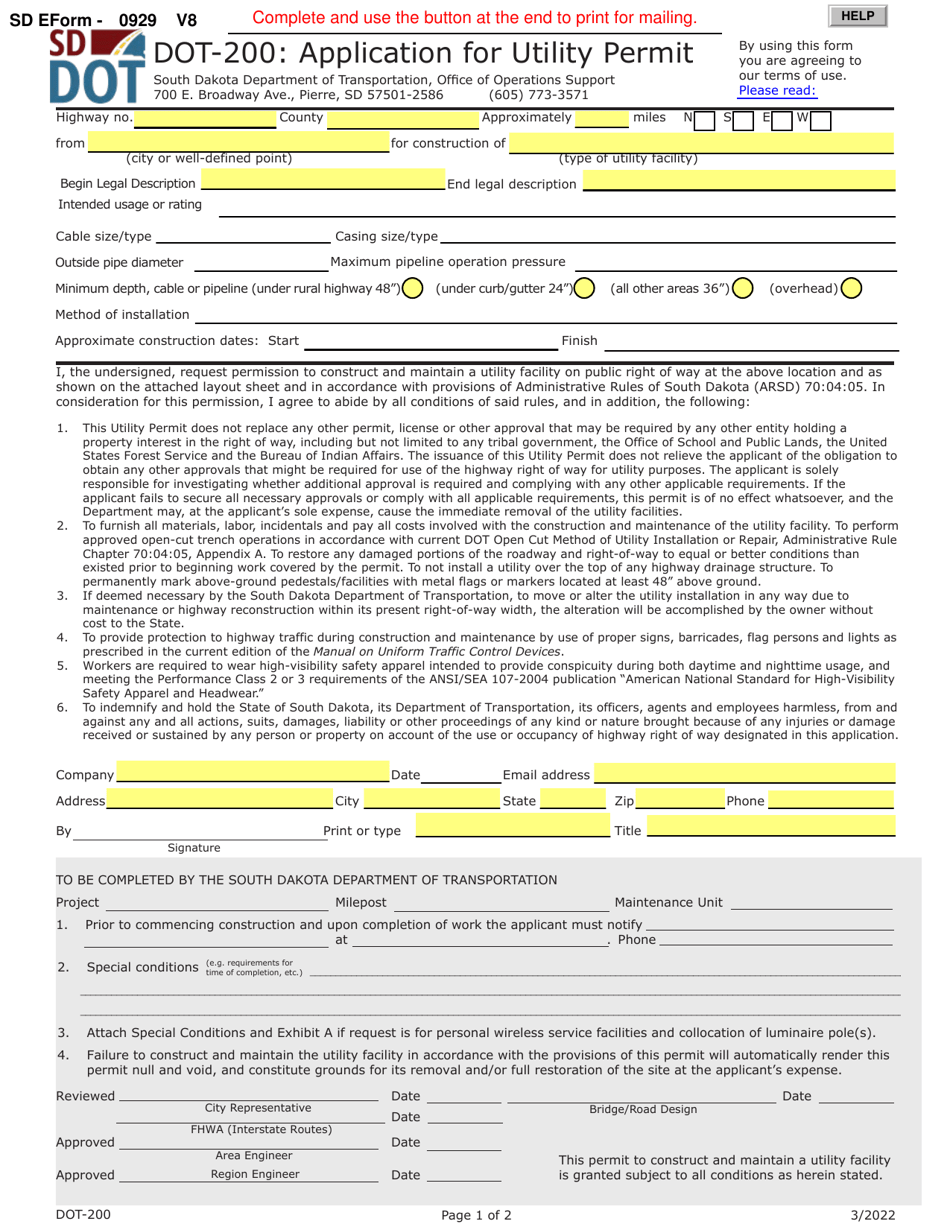 Form DOT-200 (SD Form 0929) Application for Utility Permit - South Dakota, Page 1