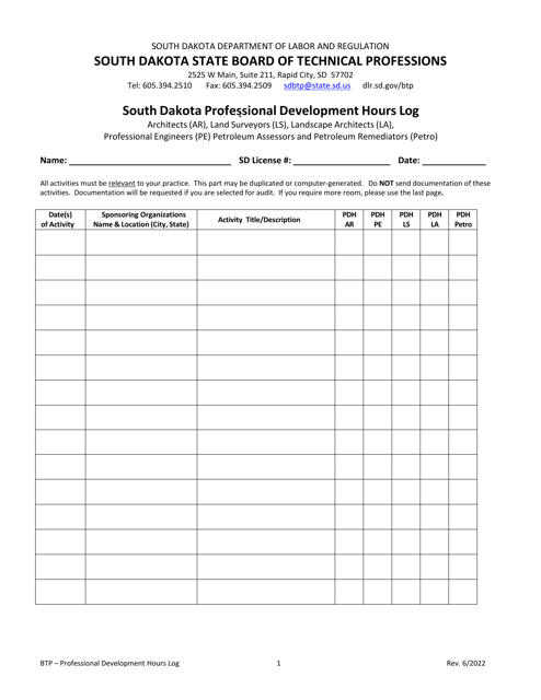 South Dakota Professional Development Hours Log - South Dakota Download Pdf