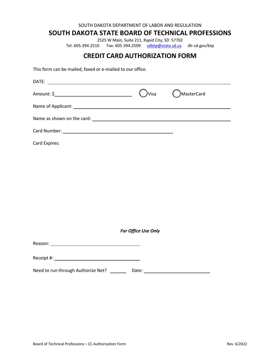 South Dakota Credit Card Authorization Form South Dakota State Board