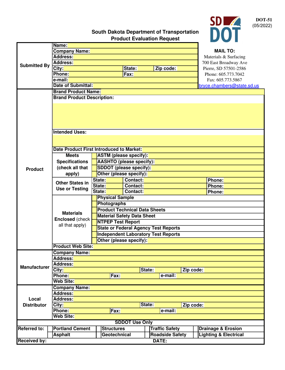 Form DOT-51 Product Evaluation Request - South Dakota, Page 1
