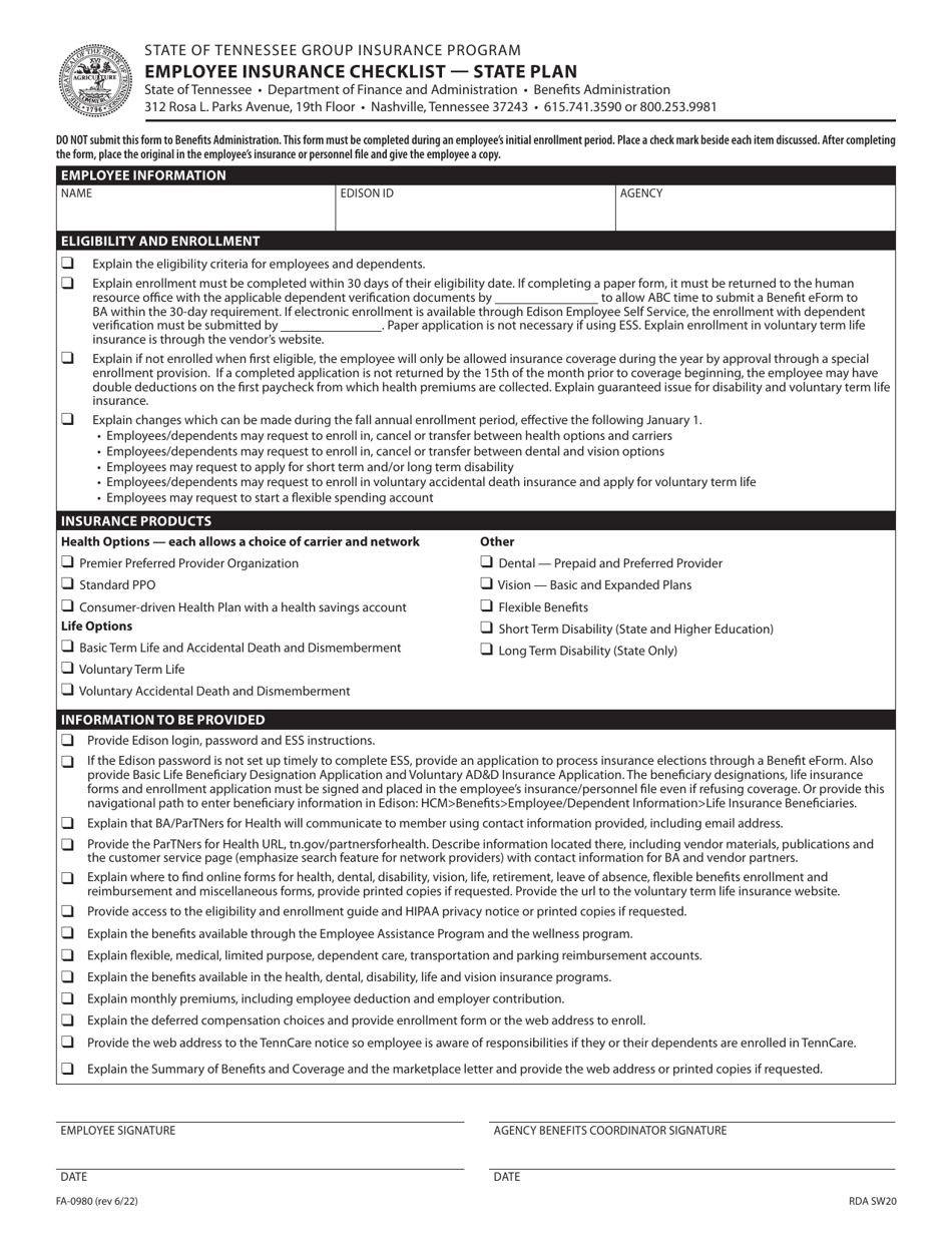 Form FA-0980 Employee Insurance Checklist - State Plan - Tennessee, Page 1