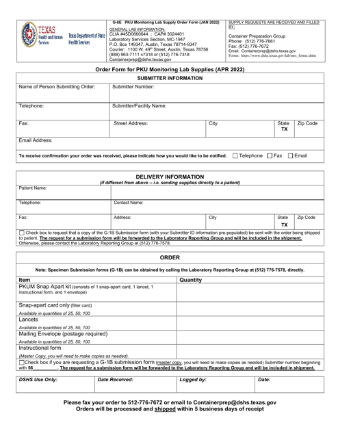 Form G-6E Order Form for Pku Monitoring Lab Supplies - Texas
