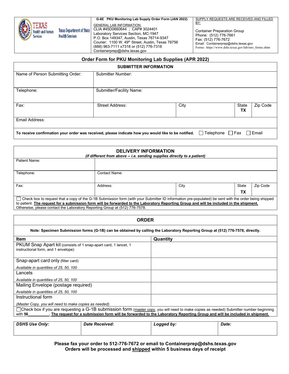 Form G-6E Order Form for Pku Monitoring Lab Supplies - Texas, Page 1