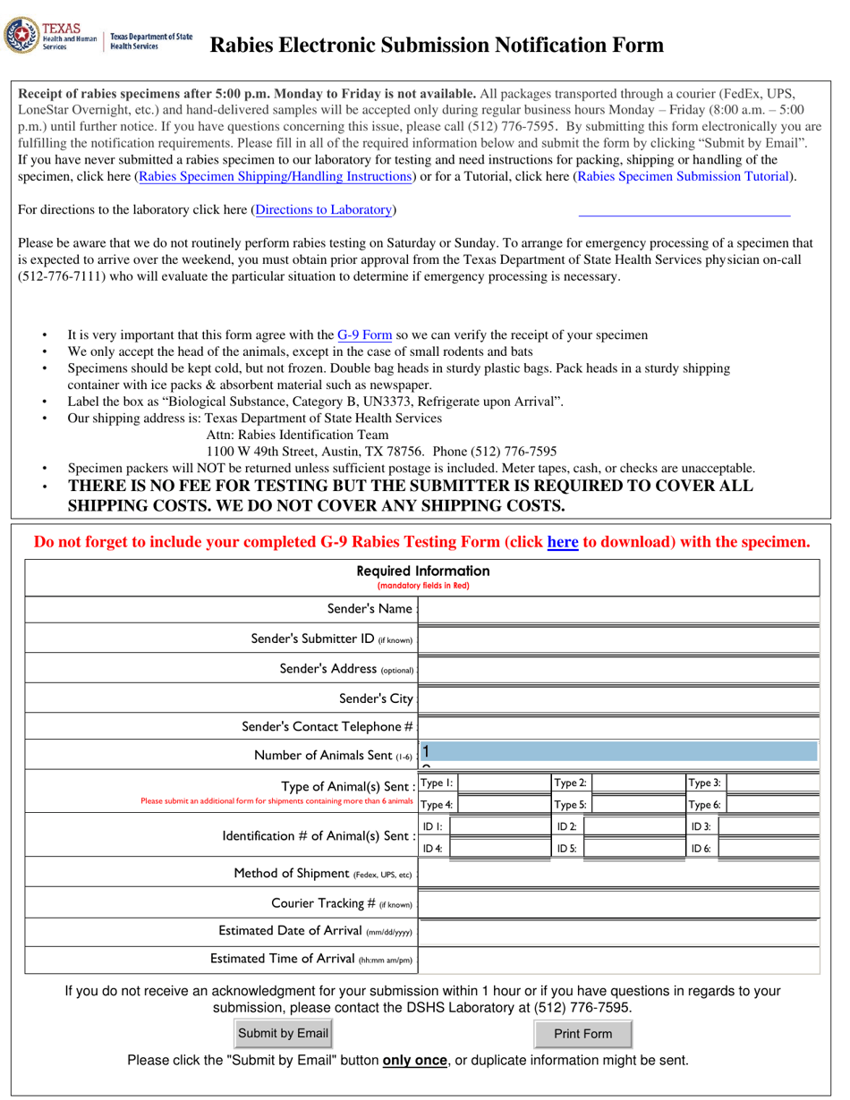 Rabies Electronic Submission Notification Form - Texas, Page 1
