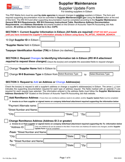 Form FA-1100 Supplier Maintenance Supplier Update Form - Tennessee