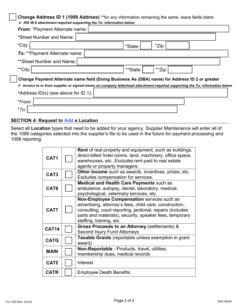 Form FA-1100 Supplier Maintenance Supplier Update Form - Tennessee, Page 2