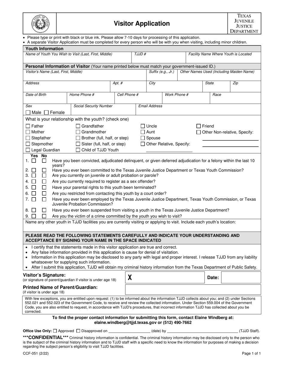 Form CCF-051 Visitor Application - Texas, Page 1