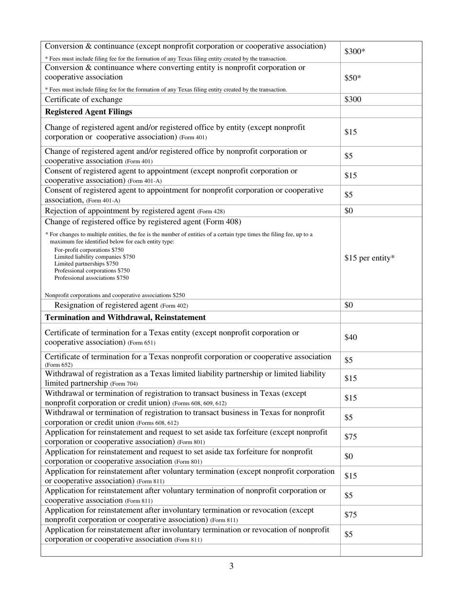 Form 806 Business Filings  Trademarks Fee Schedule - Texas, Page 3