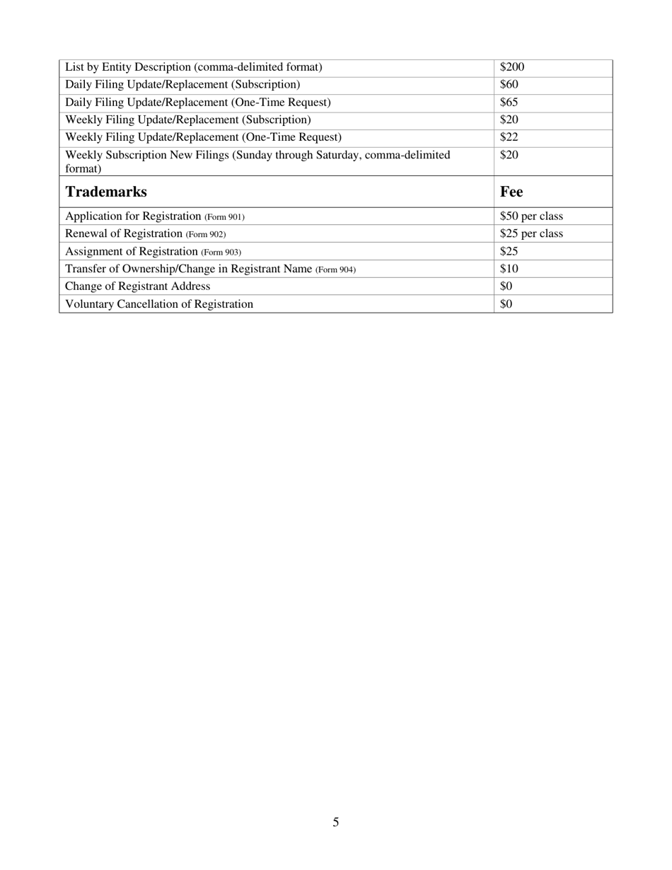 Form 806 Business Filings  Trademarks Fee Schedule - Texas, Page 5