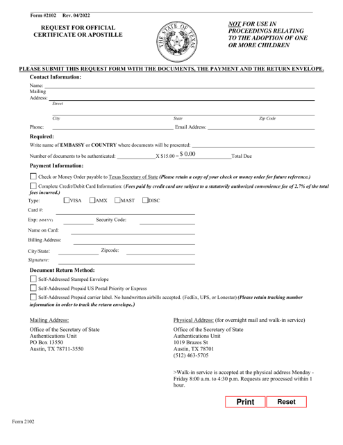 Form 2102  Printable Pdf