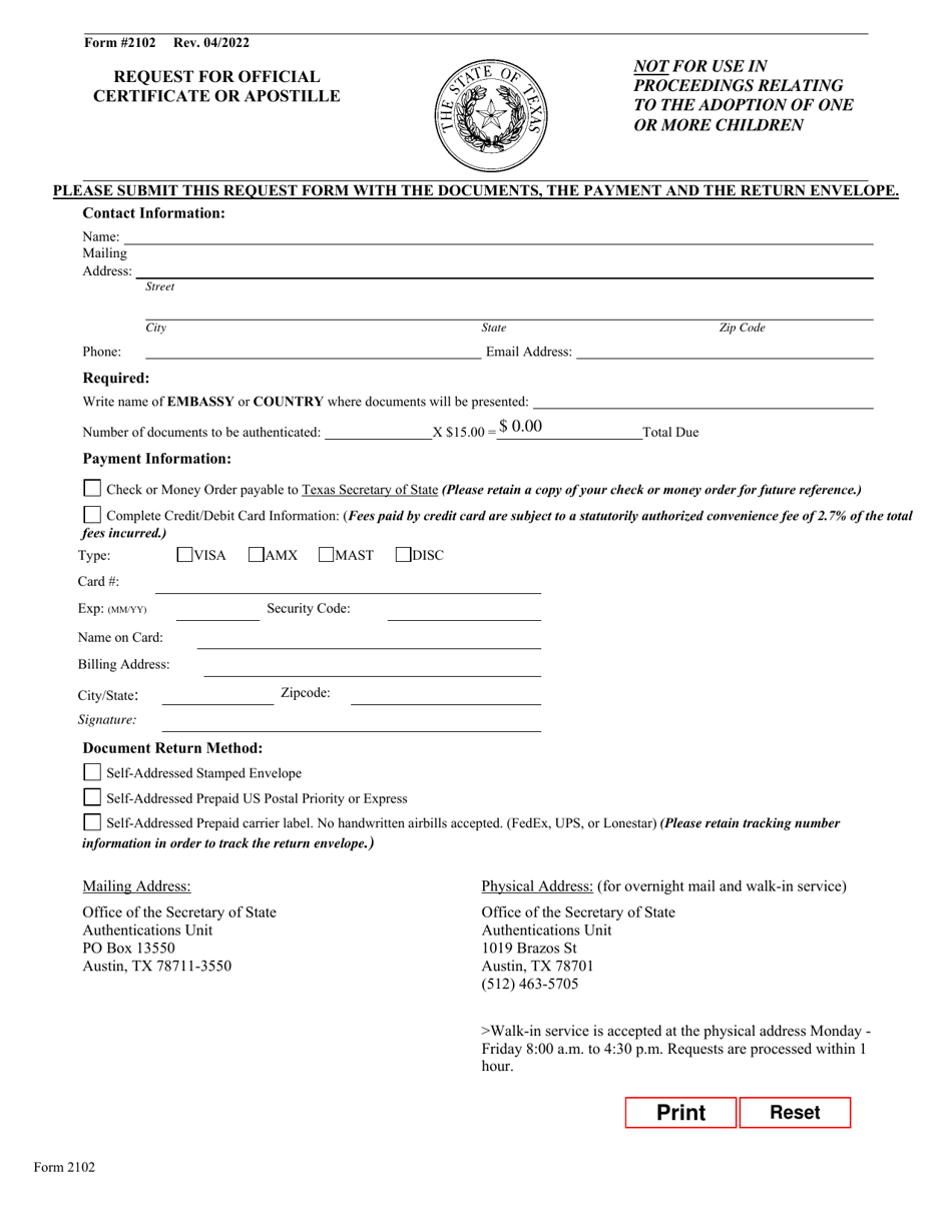 Form 2102 Request for Official Certificate or Apostille - Texas, Page 1