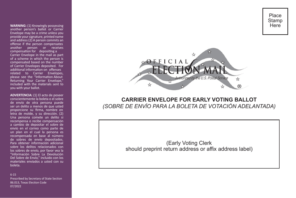 Form 6-15 Carrier Envelope for Early Voting Ballot - Texas (English/Spanish)