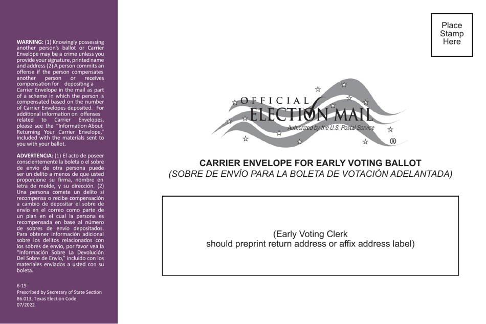 Form 6-15 Carrier Envelope for Early Voting Ballot - Texas (English / Spanish), Page 1