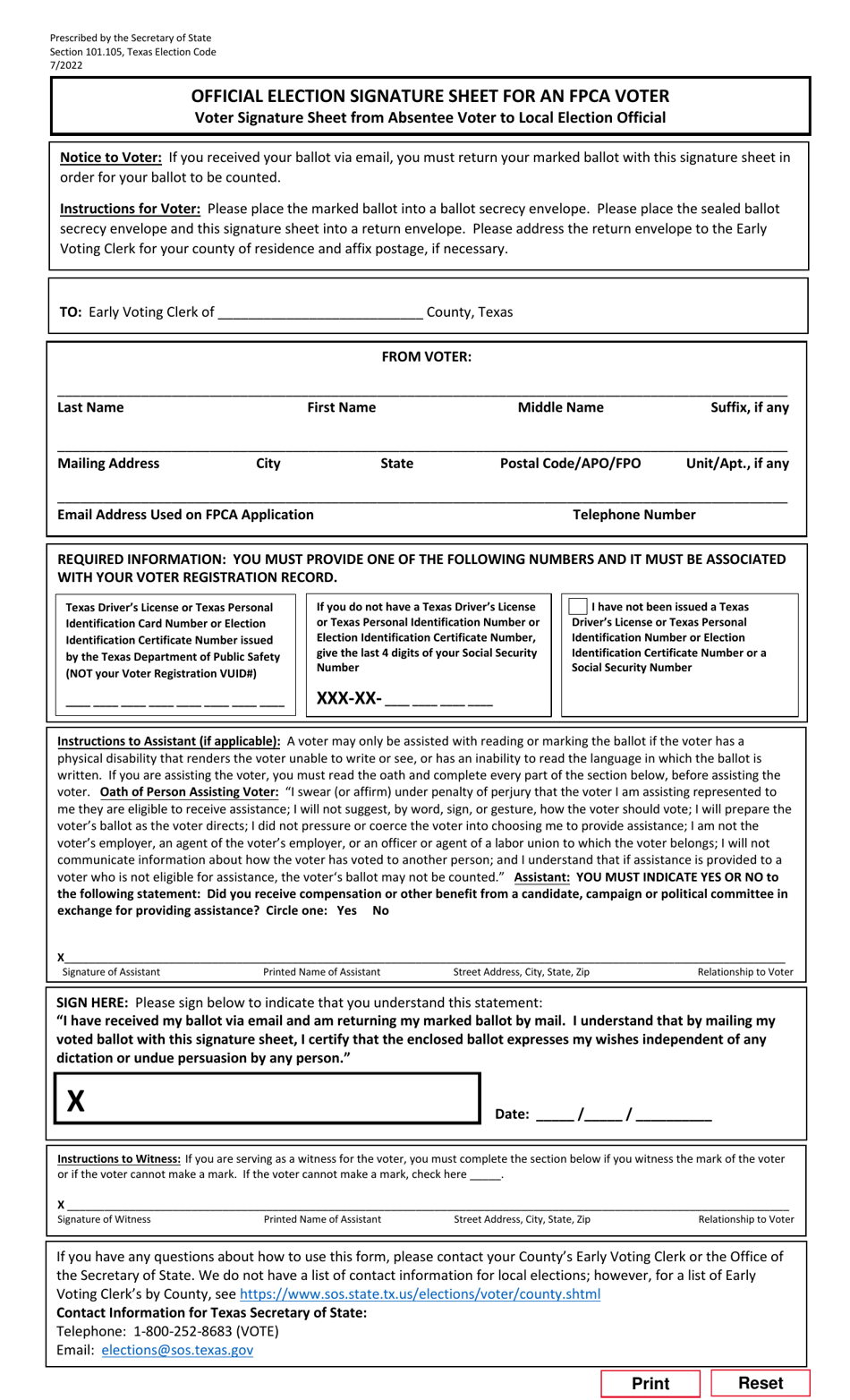 Form 6-37 Official Election Signature Sheet for an Fpca Voter - Texas (English / Spanish), Page 1